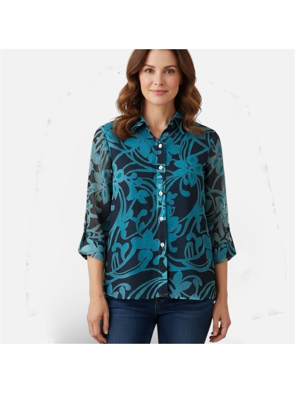 Alfred Dunner Floral Sheer Button Up Blouse
